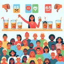 Create an engaging depiction that pertains to the survey question mentioned. The image begins with an assortment of 150 people diversified in gender and race. 85 amongst them are expressing dislike by showing a thumbs-down or a sour expression while holding a glass of apple juice. The remaining 65 people are happily enjoying their apple juice. The image should not contain any text or lettering.