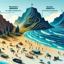 Generate a conceptual image that symbolizes relative frequencies, specifically in choosing between mountains, seaside and an island for preferences like hiking and swimming. There should be three distinct, visually striking segments that represent the three categories of preferences. The mountain section includes paths and peaks, ideal for hiking. The seaside section contains a beautiful beach with calming waves. The island section has both characteristics, a beach and a hiking area. Furthermore, abstractly represent the numbers of people who prefer different activities in different locations.