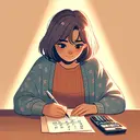 An illustration of a young student, of South Asian descent, sitting at a desk under a warm, soft light. She looks focused and is working on her homework, a piece of paper visible in front of her with numbers scattered over it. She holds a pen in her hand and is in the process of calculations. On a calculator next to her, partially visible, are the numbers 51, 60, 25, 15, 20, 5, 35.