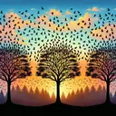 Visualize a tranquil forest with three full trees set against a colourful sunset sky. Beneath each tree, a varying number of birds are gathered: some soaring towards the sky, others perched on the branches, and a few more fluttering to other trees. To begin with, the number of birds is unequal. However, after some of the birds take flight, there's an equal distribution of birds on every tree. The atmosphere is calm and peaceful, encapsulate the serene mood in the forest and the puzzling nature of the question without including any text or numbers.