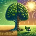 An abstract representation of two contrasting scales, one substantially larger and one substantially smaller. The larger scale can be represented by a grand scene such as a massive flourishing tree in a vibrantly green meadow under a radiant sun, while the smaller scale can be represented by a tiny, delicate fig growing at the base of the tree, hardly visible within the tall grass. The sun and tree should clearly overshadow the fig, demonstrating the significant difference between the two scales.