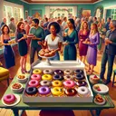 A festive party scene indoors, filled with color and jubilation. Several people of mixed genders and descents are chatting and laughing. The central focus is on a large table presenting a large assortment of delicacies. Particular attention is given to two dozen donuts arranged attractively in a box. Some of the donuts have a vivid blueberry glaze, while the others have a tempting, golden-brown glaze. The room has tasteful decorations according to a party theme. On the side, a young woman, presumably Meredith with a Caribbean descent, is cheerfully handing out the pastries to the visitors.