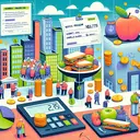 An illustrative concept focusing on a numeric problem. The image is comprised of a lively cityscape with various elements that represent a lunch program for seniors. There's a visual representation of a large grant amount, perhaps with a huge cheque object or a pile of coins. Next to it, there's a depiction of a typical, healthy lunch that costs $2.75 - it might include a sandwich, an apple and a beverage. All of this is placed on a large scale, balance or simple division sign, indicating a calculation or division process. Remember, there should be no words or numbers in the image. The style should be vibrant and welcoming.