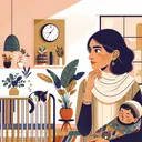 Generate an image featuring a Middle-Eastern woman named Malika, seeming thoughtful, in a well-lit, cozy room. The room should have warm neutral tones and contain houseplants, promoting a calming atmosphere. She is looking at a wall clock indicating 18 hours. Nearby, her black and white cat is comfortably curled up in sleep. On the other side, a baby of South Asian descent is peacefully snoozing in a modern crib. The room should hint towards the concept of time and sleep without including any text or numbers.