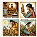 Create an illustration that metaphorically represents the hard work of Sioux women, without any text. The image should include four elements: a woman preparing food that could be for warriors, a woman in a position of gratitude indicative of thanking a spirit, a woman thoughtfully inspecting ears of corn as if interpreting them, and a woman actively planting corn. Ensure the image conveys the essence of diligence, spirituality and agricultural wisdom.