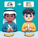 Create an image that visually represents the scenario of two young boys, Jamal, of Middle-Eastern descent, and his brother, of Hispanic descent, each given a banana for a snack. Jamal has eaten 2/3 of his banana, while his brother has only eaten a quarter of his. However, the image should not contain any text.