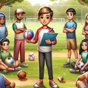 Create a vivid image of a young Caucasian boy, named Joshua, conducting a survey on recreational sports among his friends in a park. His friends, including a Middle-Eastern boy and a Hispanic girl, are placed randomly standing or sitting around him. Each friend is holding a ball that represents their favorite sport - either a basketball, soccer ball, baseball, or volleyball. Out of the group, 1/5 are holding volleyballs and 2/5 are holding soccer balls. The scene is depicted in a casual, friendly, and lively manner. No text should be included in the image.