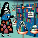 Illustration of a woman, South Asian in descent, at a diversified book fair with numerous colorful books on display. She's holding a purse that opens to reveal three bundles of cash, each bundle symbolizing $10. In contrast, a price tag showing $19.75 hangs from one of the books she's holding. The image portrays an abstract pair of scales in the background, symbolizing weighing of error in her prediction, and a percentage symbol to hint at the concept of percent error.