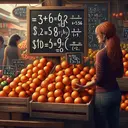 A visually stunning representation of a mathematics problem involving purchasing fruits. There is a woman, Vicky, who is Caucasian with red hair, standing at a traditional fruit market. She has selected 3 1/2 pounds of juicy, orange-colored oranges lying in a rustic wooden crate. Next to the crate is a chalkboard sign with $3.90 per pound written on it. Different equations are subtly incorporated into the scene, like the price per pound on the chalkboard turning into an equation, but there is no written-out text in the image. The atmosphere is lively and busy with other customers from different ethnic backgrounds moving and shopping around.