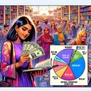 Illustrate a vibrant image featuring a motivated South Asian female studying different book shelves at a bustling book fair, populated with people of varying descents. In her hand, she's holding three ten-dollar bills, symbolizing her initial budget. Adjacent to her, visualize a graphical representation of a pie chart glimpse with $19.75 and $30.00 sections to depict her actual spending and initial prediction respectively. Ensure the scene is detailed and captivating but does not contain any text.