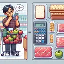 Illustrate a supermarket scene. On the left, showcase an Asian man, Lani, placing a variety of groceries into his shopping cart. Include apples and a box of crackers in clear view. On the right side, depict generous portions of packaged lunch meat. Lani should be holding a digital calculator in his hand, appearing thoughtful. The overall scene needs to reflect the mathematical problem described, but without any physical text or numbers in the view.