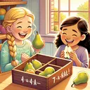 Create a detailed and appealing illustration of a scenario in which two girls, one of Caucasian descent with braided blonde hair and the other of Hispanic descent with a ponytail brown hair, have just eaten pears from a now empty wooden box. Mary, the blonde girl, happily holds up four-and-a-half, while Carmie, the brunette girl, shows her satisfied face after eating seven-and-a-half. There are no pears left in the box. The scene takes place in a sunny kitchen, the light filtering through a nearby window, casting a warm glow on the girls and the box. All elements should be represented without any text.