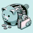 Show a visual representation of a piggy bank with coins and dollar bills inside. Next to it, depict an empty wallet and a small toy that could be worth $13.32. The piggy bank should appear significantly larger and much more full to symbolize the original amount being greater than the remaining. Remember to not depict any numbers or equations; let the visual cues provide the context instead.
