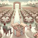Create an image depicting a wedding scene with a sense of anticipation and excitement. Use elements that imply a large gathering, such as rows of empty chairs, decorated banquet tables, a beautiful wedding arch adorned with flowers. Add a box of exquisite wedding invitations off to one side, with a couple - Julian, a White man, and Brittany, a Hispanic woman, counting the invitations and looking expectantly. Note that there should be no text in the image itself.