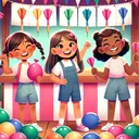 Illustrate a fun scene at a school fair. Include two school-aged girls, Krista, an Asian girl, and Alexa, a Black girl, standing in front of a colorful balloon darts stall. Krista is happily holding five popped balloon remnants, and Alexa, with a triumphant expression on her face, is surrounded by an indeterminate number of popped balloons, less than the 13 balloons Krista and Alexa altogether popped. Ensure the image has no text.