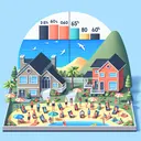 Create an appealing, non-textual illustration representing a neighborhood survey concerning residents' preferred vacation spots. In the scene, show a proportional representation of the neighborhood's residents, where two-fifths of them are depicted enjoying a beach vacation. Use visual cues such as pie charts or bar graphs to illustrate the statistics without the use of written numbers or words. Remember, the total number of residents enjoying the beach vacation symbolizes 80 residents.