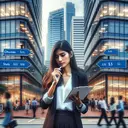 Generate an image depicting a scene of two office buildings, symbolizing the choices a recent business graduate has to make. The graduate, a South Asian woman named Chels, is standing in front of these buildings in business casual attire, contemplating the pros and cons of each. She holds a pen and a notepad, where she's written down the starting salaries and terms of employment offered by each firm. The image shows her deep in thought as she tries to balance her options. Add the ambiance of a busy city around her with people of diverse descents and genders going about their day.