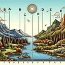 Create a detailed image of a picturesque landscape with five well-spaced landmarks arranged in a linear fashion from left to right. The landmarks should be clearly marked with an 'A', 'B', 'C', 'D', and 'E', each label becoming progressively smaller to provide the sense of distance. The landmarks can be distinctive natural formations like mountains, trees or rivers, displaying a diverse environment. To make it inviting, include a clear blue sky and a bright warm sun. Do not add any text in the image.