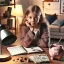 Create an image showing the visual representation of a young teenage girl, Caucasian descent, diligently saving money in a piggy bank. She is at a desk with a table lamp illuminating a notebook where she keeps track of her weekly savings. Also on the desk, show some unmarked paper currency and coins to depict her progression, but make sure that the money does not show any numerical values or identifiable currency traits. The room around her should have a cozy, orderly vibe, reflecting her personality and diligent habit of saving.
