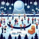 Illustrative image showing a winter dance occurring in a school setting. The lively scene includes students enjoying the dance floor lit by frosty lights and a disco ball shimmering overhead. We can tell it's a winter dance from the snowflakes decorations and students bundled up in stylish warm attire. The budget amount is cleverly represented through a pile of coins to the side excluding a smaller pile representing $150, corresponding to the saved amount from the disco ball. Please note, the image does not contain any text.