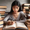 Create an image of a young Asian female student sitting at a wooden desk, surrounded by multiple open hard cover books. She holds a pen in her right hand, using it to highlight important points in the texts, emphasizing her role as a critical and interpretive reader. The varied selection of books represents the diversity of authors' perspectives. There is a thoughtful, focused expression on her face, underlining her realization of the crucial role of critical interpretation of facts in reading.