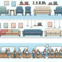 Illustrate a furniture store with a various arrangement of couches. Include three distinct styles, seven different colors, and two distinct sizes. Moreover, depict a school scene with six distinguishable students standing in a line. Ensure the image is clear and appealing. Lastly, make certain no texts are included in the image.