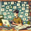 Illustrate an image that represents a young student named Adam engrossed in researching about hurricanes for a school assignment. Depict him studying in a room filled with post-it notes, open books, and his laptop displaying diagrams of hurricanes. Show various common hurricane names like Ralph, Judy, Katrina, Ivan, George, Tyler, and Andrew scattered creatively within the background. Ensure that the image graphically conveys the concept of the prevalence of hurricanes and the challenge meteorologists face in distinguishing between several active ones.