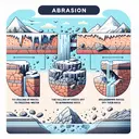 Create an image that vividly depicts abrasion, a geological process. Show visual elements of different instances of abrasion: one section should show the cracking of rocks due to freezing water, another the falling of sheets off the top layer of rock. A third area should illustrate the breakdown of rocks due to burrowing animals, and finally, a section that displays how rocks are worn down by other rocks. The image should be clear, engaging, and contain no text.