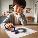 An engaging and educational scene with a young boy named Zack who has an Asian descent. He is conducting a scientific experiment indoors. In the scene, Zack is thoughtfully placing iron filings on a white piece of paper that is laid on a wooden table. Close to the paper, there is a red and blue, horseshoe-shaped bar magnet. As Zack looks on, the iron filings on the paper quickly rearrange themselves, reacting to the invisible magnetic force and forming a distinctive pattern around the bar magnet. The room is filled with a sense of curiosity and discovery.