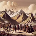 Create an image depicting key aspects of the Inca Empire's development and expansion. In the foreground, portray Incas in traditional clothing traversing the rugged terrain of the Andes Mountains. In addition, show Incas using advanced tools or weapons, suggesting their superior technology. Also, include elements signifying the creation of new cultural and religious identities in the form of symbols or structures typical of the period. The depiction should span from a humble beginning to a prosperous empire, indicating slow but steady growth over many years. Refrain from including any text.