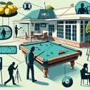 Visual representation of key elements from the story 'The Lemon Tree Billards House'. Depict a suspenseful scene at a billiard house with several pool tables and a lemon tree outside. Include visual cues for potential actions of the character named 'Locust', such as a figure next to a pool table lining up a shot on the eight ball, a silhouette near the entrance, and another figure reaching out towards a telecommunication device as if to contact authorities. Lastly, include a female character in the scene to represent Locust's daughter.