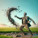 An aesthetically pleasing scene consisting of a historical figure from the 19th century (not anyone specific, just a man dressed in period attire), energetically tossing globs of mud from his hands. The background could be a green field under a clear blue sky, making for a soft contrast with the muddy action in the foreground. Use colors and compositions that can visually represent the metaphor of mudslinging, without including any text or specific individuals in the image.