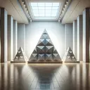 Create an image of an exhibition at an educational museum. Visualize the scene with a straight row of three pyramid structures. The first pyramid is triangular with a base at the bottom, while the second one is identical to the first. The third pyramid, standing right next to the others, is distinctly different - it's a pentagonal pyramid perfectly symmetrical. Each of these structures is evenly lit with focused lights. The room they are in has a high ceiling, tall white walls and a polished wooden floor. The whole scene is void of any text.