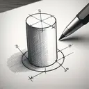 Draw a simple three-dimensional diagram of a cylinder. Depict the cylinder as if it is standing upright, with its circular base facing downwards. Make the height of the cylinder and the radius of the circular base visible in the drawing. Make sure not to include any text or numerical values in the image.