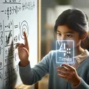 A focused young girl, of South Asian descent, engrossed in working on a mathematical problem on a whiteboard. The problem involves equations, which she is busy simplifying. In the second step, visualise her hand moving towards the equation, with a 4 times visual indicator, like a transparent multiplication symbol hovered over the board to indicate multiplication. Please note the image should be devoid of any explicit text.