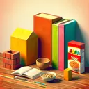 Create an image of an assortments of everyday objects arranged on a wooden table, all of which could potentially be right rectangular prisms. This includes a brick, a book standing upright, and a cereal box. All should be of vibrant color for enticing representation. The background should be neutral and empty. There should be enough space between the objects to easily distinguish them. The image should be viewed from a perspective slightly above the table to fully display the objects' shapes.