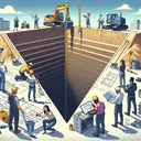 Depict a visually compelling scenario of a construction crew at work. Team members of different descents and genders should be involved in the action: a Middle-Eastern woman operating the excavator, a Black man coordinating the team, and Hispanic woman doing measurements on the blueprints. Visualize they are digging a deep trench in the shape of an upside-down rectangular pyramid. The open top of this trench is about 30 feet wide by 250 feet long, while the deepest part in the middle is about 15 feet deep. Leave out any text or numeric representation from the image.