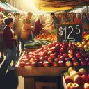 Create an image of a vibrant local farmer's market scene. Emphasize a stall abundantly filled with fresh, shiny apples, tagged with a price sign declaring '$1.25 per pound'. Folks of varied descents like Asian, Black, and Hispanic, of mixed genders are seen shopping around, inquiring, and inspecting the produce. Keep the marketplace lively with soft golden sunlight illuminating the bustling scene and colorful arrays of fruits and vegetables spread out on other stalls. Remember, no text should appear in the image.