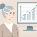 A minimalistic illustration showing a woman in front of a line graph, which symbolizes retirement investment. Portrait of a mature, Caucasian woman, appears to be around 60 years of age, with grey hair tied in a bun. She has a contented facial expression. She is watching a line graph showing the growth of investment. The line graph is on a stand alone display and starts lower at the left and ends higher on the right, indicating positive growth over time. The background is minimal, maybe a simple gradient of soft colors.