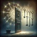 An interpretation of a probability problem. Illustrate a locked door with an intricate design surrounded by a dusky environment, showcasing the uncertainty. Also, depict a key rack with five distinct keys hanging from it, two of which are highlighted to indicate they've been selected. Avoid incorporating any text or numbers into the image. The entire scene should exude the mystery and challenge associated with finding the right key to a possibly locked door.