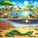 Illustrate an African fable about a lazy snake near a watering hole, with all the animals of the savannah. At first, the snake has legs and is resting comfortably by the water's edge. However, as the thirsty land slowly gets arid and the watering hole dries up, the snake becomes distressed. The moon shines brightly overhead, having already warned the animals about their upcoming plight. In the second part of the image portray the snake, now without legs, slithering on the sandy savannah, with the shadow of the distant cliff looming ahead.