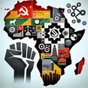 An image of a conceptual and abstract depiction of African continent highlighted with various symbols like fist for unity, gears for socialism, coins for capitalism, structures as political blocs and a checkerboard pattern to represent desire to exclude lower classes. The symbols should be subtly embedded within the continent without any use of text.