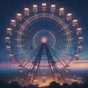 Create an image of a person riding a Ferris wheel. The Ferris wheel stands majestically against a twilight sky, and the individual cabins are illuminated with colorful lights. The Ferris wheel should be midway up, symbolizing a height above the ground. The person on the ride looks excited and enjoying the view. The surrounding landscape has trees and buildings in the distance. Please note that the image should not contain any text, and it should look realistic.