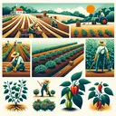 A visually appealing, informative image showing a variety of farmers at work in their respective fields with different soil types, like rich loamy soil, sandy soil, and rocky soil. There are also several different crops growing, with a slight focus on pepper plants flourishing in the rocky soils. Please note that there's no text included in the image.