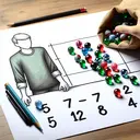 Create an image that depicts a student standing by a table, upon which sits an open bag of multicolored marbles. Highlight the presence of 5 pink, 7 red, 12 green, 2 blue, and 4 black marbles laid out next to the bag. To indicate the probability element, illustrate the student's hand hovering over the collection of green marbles.
