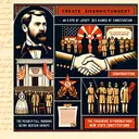 Create a significant image related to the theme of Reconstruction after the American Civil War. The illustration should hint at the following elements: an oath of loyalty being taken, a symbolic representation of compensation, the possibility of full pardons being granted to certain groups, and the formation of new state constitutions. Remember, no people should be shown in the image and it must not contain any text.