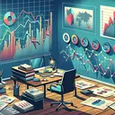 Create an insightful illustration of a complex financial situation. Depict an office with a large graph showing economic indicators like Inflation, Unemployment rate, and GDP growth, on the wall. These indicators should have various trends and fluctuations over different quarters of multiple years. Also, illustrate a desk in the office with papers and data analysis reports scattered on it. The colors used in this scene should evoke a sense of serious analysis and decision-making.
