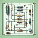 Create an image of a simple electrical circuit set up on a pale green circuit board. In this circuit, there are three resistors, named R1, R2, and R3, each designed with metallic lead and colorful rings identifying their resistance value. R1 and R2 are connected in series and have resistances of 15.0 Ohms and 9.0 Ohms, respectively, showcasing differently colored bands. Their combination forms a parallel connection with R3, which has a resistance of 8.0 Ohms. A standard 6.0-V battery is set up to the load, but there's no measuring instrument like a multimeter. Note that there should be no text in this image.