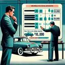 Create an image of a man, who could be Frank, scrutinizing a car at a dealership. The car should be realistic, without any brand insignia, and have a price tag of $10,000 hanging from its rearview mirror, to imply this is the car he intends to buy. The man should be deep in thought, possibly contemplating his finances. Nearby, a car dealer should be giving him a detailed explanation, represented by an infographic of 60 slots, each symbolizing a payment. The infographic should not contain any text or numbers.