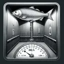 Create an image featuring an elevator interior view with a stylized silver large fish hanging from a spring scale attached to the ceiling. The elevator is illustrated with a sense of upward movement and a visual depiction of 1.2m/s^2 acceleration. The spring scale, though bearing no specific numbers, is graphically representing a reading that corresponds to an arbitrary 200N. Also, subtly hint towards a possibly imminent malfunction, suggesting when the cable might break. To the side, portray the force of gravity acting on the fish symbolized by a downward arrow, although without the inclusion of specific numerical information.